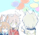  3girls amiya_(arknights) animal_ears arknights bandages bandaid bandaid_on_face brown_hair bunny_ears chibi closed_eyes green_hair grey_hair kal&#039;tsit_(arknights) laughing lynx_ears multiple_girls projekt_red_(arknights) scolding speech_bubble t_(thnk) wolf_ears 