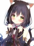  1girl :t animal_ear_fluff animal_ears bangs bare_shoulders black_hair black_sleeves blush breasts brooch cat_ears cat_girl cat_tail closed_mouth commentary_request detached_sleeves eyebrows_visible_through_hair green_eyes grey_hair hair_between_eyes hands_up holding holding_hair jewelry karyl_(princess_connect!) long_hair long_sleeves low_twintails multicolored_hair pout princess_connect! princess_connect!_re:dive shiratama_(shiratamaco) shirt simple_background sleeveless sleeveless_shirt sleeves_past_wrists small_breasts solo streaked_hair tail tail_raised twintails upper_body very_long_hair white_background white_shirt 