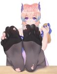  1girl bangs black_legwear blue_eyes blue_horns blunt_bangs chinese_commentary commentary_request eyebrows_visible_through_hair feet feet_on_table feet_up foot_focus genshin_impact gradient_hair hand_up highres holding holding_shoes horns looking_at_viewer multicolored_hair no_shoes pantyhose pink_hair purple_eyes sandals sangonomiya_kokomi shoes shoes_removed simple_background sitting smile soles solo thick_eyebrows toes torn_clothes torn_legwear two-tone_hair wd_(1106592840) white_background 