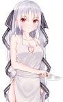  1girl :t absurdres alternate_costume apron artia bangs bare_shoulders blush breasts cleavage cleavage_cutout collarbone eyebrows_visible_through_hair heart_cutout highres holding holding_knife hololive hololive_china knife long_hair mero_(ly21207) naked_apron parted_bangs red_eyes solo virtual_youtuber 
