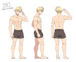  1boy abs back blonde_hair boxers bulge character_name elders&#039;_floating_temple elf from_side height highres ichan-desu looking_at_viewer muscle nipples patreon_username pectorals pointy_ears simple_background solo underwear white_background 
