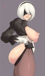  adjusting_clothes adjusting_legwear ass biting black_blindfold blindfold breasts curvy from_side gloves highres juliet_sleeves large_breasts leotard lip_biting long_sleeves lunasanguinis mole mole_under_mouth nier_(series) nier_automata pantyhose parted_lips puffy_sleeves teasing teeth thighs tight white_gloves white_hair white_leotard yorha_no._2_type_b 
