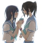  backlighting bangs black_hair blue_hair blue_sailor_collar blue_skirt blush closed_eyes drinking_straw eyebrows_visible_through_hair hibike!_euphonium holding_hand juice_box kasaki_nozomi kitauji_high_school_uniform liz_to_aoi_tori long_hair looking_at_another neckerchief parted_lips red_eyes ree_(re-19) sailor_collar school_uniform serafuku shirt short_ponytail sidelocks simple_background skirt upper_body upper_teeth watch white_background white_shirt wristwatch yoroizuka_mizore 