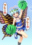  1girl :d alternate_costume antennae arm_up bangs bare_arms bare_shoulders black_legwear blue_background blue_footwear blue_hair blue_skirt blush butterfly_wings checkered checkered_background cheerleader chima_q commentary_request crop_top eternity_larva eyebrows_visible_through_hair feet_out_of_frame gradient gradient_background highres holding holding_pom_poms kneehighs leaf looking_at_viewer midriff miniskirt navel open_mouth orange_eyes pom_poms shoes short_hair skirt sleeveless smile sneakers solo speech_bubble thighs touhou translation_request wings 