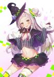  belly blush breasts capelet cleavage commentary_request gloves groin hair_ornament hat highres hololive long_hair murasaki_shion navel side_bun simple_background small_breasts tokoshibyra virtual_youtuber witch_hat yellow_eyes 