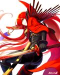  1girl black_bodysuit bodysuit buckle cape chain cowboy_shot dated fate/grand_order fate_(series) hair_over_one_eye highres holding holding_sword holding_weapon long_hair looking_at_viewer oda_nobunaga_(fate)_(all) oda_nobunaga_(maou_avenger)_(fate) pi_(p77777778) red_cape red_eyes red_hair simple_background smile solo sword weapon white_background 