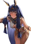  1girl animal_ears bangs bare_shoulders blazpu blush breasts dark_skin earrings egyptian egyptian_clothes facepaint facial_mark fate/grand_order fate_(series) highres hoop_earrings jackal_ears jewelry leaning_forward long_hair looking_at_viewer low-tied_long_hair medium_breasts nitocris_(fate/grand_order) one_eye_closed purple_eyes purple_hair simple_background smile thighs usekh_collar white_background 