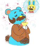  &lt;3 2020 animal_crossing anthro beardo_(animal_crossing) beverage bexion9 blue_body blue_fur clothing coffee duo eyes_closed facial_hair fur gaston_(animal_crossing) lagomorph leporid low_res male male/male mammal mustache necktie nintendo rabbit shirt slightly_chubby topwear ursid video_games yellow_body yellow_fur 