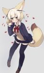  1girl :p alternate_costume animal_ears beige_sweater blonde_hair blush bow bowtie collared_shirt commentary_request eyebrows_visible_through_hair fennec_(kemono_friends) fox_ears fox_girl fox_tail full_body green_eyes heart ichi001 jacket kemono_friends long_sleeves multicolored_hair navy_blue_jacket navy_blue_legwear navy_blue_skirt necktie pleated_skirt red_neckwear school_uniform shirt short_hair skirt solo tail thighhighs tongue tongue_out white_hair white_shirt zettai_ryouiki 