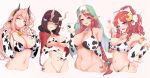 4girls :q akino_(princess_connect!) animal_ears animal_print aqua_eyes bangs bare_shoulders bell bell_collar bikini blue_eyes blush bob_cut bottomless bow braid breasts broken_horn brown_hair cleavage closed_mouth collar collarbone cow_bell cow_ears cow_print cup demon_horns ear_tag elbow_gloves eriko_(princess_connect!) gloves hair_bow high_ponytail highres holding holding_cup horns large_breasts licking_lips long_hair looking_at_viewer misato_(princess_connect!) multiple_girls navel one_eye_closed one_side_up open_mouth parted_bangs pink_background pink_hair pointy_ears princess_connect! princess_connect!_re:dive purple_eyes red_hair seiren_(kkh2052) short_hair sidelocks simple_background single_braid smile strap_pull suzuna_(princess_connect!) swimsuit tongue tongue_out white_gloves 