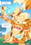  absurd_res arcanine bite blue_fire canid canine colored_fire comic duo english_text eyes_closed feral fire hi_res male mammal nikkibunn nintendo pok&eacute;mon pok&eacute;mon_(species) text video_games 