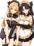  2girls adapted_costume alternate_costume apron bangs bare_shoulders black_gloves black_hair blonde_hair blush breasts cleavage cleavage_cutout dated detached_collar earrings elbow_gloves enmaided ereshkigal_(fate/grand_order) eyebrows_visible_through_hair fate/grand_order fate_(series) frills gloves hair_ribbon highres holding_arm hoop_earrings ishtar_(fate)_(all) ishtar_(fate/grand_order) jewelry large_breasts lips long_hair looking_at_viewer maid maid_headdress multiple_girls o-ring orange_eyes parted_bangs parted_lips ribbon siblings signature single_glove single_thighhigh sisters skirt skull spine thighhighs two_side_up waist_apron yang-do 