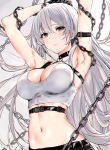  1girl armpits arms_behind_head arms_up azur_lane bangs bare_shoulders blush bra breasts brown_eyes chain choker cleavage closed_mouth collarbone gradient gradient_background hair_between_eyes highres large_breasts long_hair looking_at_viewer navel silver_hair sovetskaya_rossiya_(azur_lane) sports_bra temir underwear very_long_hair white_bra 