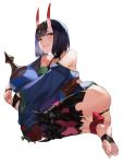  1girl bangs bare_shoulders barefoot_sandals blazpu bob_cut breasts collarbone eyeliner fate/grand_order fate_(series) headpiece highres horns japanese_clothes kimono long_sleeves looking_at_viewer makeup oni oni_horns purple_eyes purple_hair purple_kimono revealing_clothes short_hair shuten_douji_(fate/grand_order) skin-covered_horns small_breasts wide_sleeves 