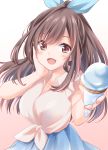  1girl :d bangs blue_ribbon blue_skirt blush breasts brown_eyes brown_hair commentary_request food gradient gradient_background hair_ribbon hand_on_own_cheek hands_up highres holding holding_food ice_cream_cone idolmaster idolmaster_shiny_colors kue large_breasts long_hair looking_at_viewer open_mouth pink_background ribbon shirt skirt smile solo tied_shirt tsukioka_kogane upper_body white_background white_shirt wing_collar 