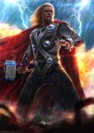  1boy armor bleeding blonde_hair blood cape facial_hair fire hammer highres holding holding_hammer holding_weapon johnson_ting lightning marvel mjolnir outdoors pants rain red_cape solo standing stubble tagme thor_(marvel) weapon 