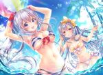  2girls aliasing aoba_chise aoba_project aoba_rena ball bikini bow breasts clouds gray_hair headband long_hair navel ponytail purple_eyes red_eyes sakura_moyon sky swimsuit water 