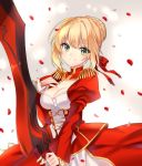  1girl absurdres armor armored_dress bangs blonde_hair braid braided_bun breasts bustier cleavage closed_mouth dress eyebrows_visible_through_hair fate/extra fate_(series) green_eyes hair_between_eyes hair_bun highres holding holding_sword holding_weapon long_sleeves looking_at_viewer medium_breasts nero_claudius_(fate) nero_claudius_(fate)_(all) petals red_dress short_hair shrug_(clothing) sleeveless sleeveless_dress smile solo standing strapless strapless_dress sword upper_body weapon yaya_chan 