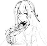  1girl braid breasts cleavage closed_mouth english_commentary eyebrows_visible_through_hair gebyy-terar hair_between_eyes hair_ornament hair_ribbon long_hair looking_at_viewer monochrome neptune_(series) ribbon sketch smile solo upper_body vert 