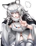  1girl :o =3 animal_ear_fluff animal_ears arknights blush braid cape capelet circlet cowboy_shot flugel_(kaleido_scope-710) grey_cape grey_hair hair_between_eyes highres index_finger_raised leaning_forward leopard_tail pramanix_(arknights) side_braids solo tail thighhighs white_background 