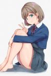  1girl alp aqua_eyes bare_legs blazer blue_jacket brown_hair from_side hello!!!_love_live! highres jacket knees_up leg_hug long_sleeves love_live! nail_polish school_uniform short_hair sitting smile solo tan_kuu_kuu thighs v 