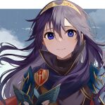  1girl armor bangs black_sweater blue_cape blue_eyes blue_hair blue_sky cape closed_mouth cloud fingerless_gloves fire_emblem fire_emblem_awakening gloves hair_between_eyes haru_(nakajou-28) holding holding_mask lips long_hair looking_at_viewer lucina_(fire_emblem) mask pink_lips shoulder_armor sky smile solo sweater symbol-shaped_pupils tiara turtleneck turtleneck_sweater upper_body 