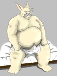  2011 3:4 anthro bed belly bodily_fluids clothing erection erection_under_clothing facial_hair fur furniture kemono lagomorph leporid male mammal moobs mustache navel nipples overweight overweight_male pink_nose rabbit sitting solo sweat white_body white_fur yanaka 