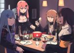  4girls :3 bangs black_hair blonde_hair blunt_bangs bottle bow braid breasts brown_eyes brown_hair cheese cleavage cup drinking_glass fondue food girls_frontline green_eyes hair_bow hair_intakes hair_ornament hairclip hinami047 hk416_(girls_frontline) holding holding_food indoors jacket k31_(girls_frontline) long_hair long_sleeves m16a1_(girls_frontline) multicolored_hair multiple_girls necktie pink_eyes pink_hair pointing silhouette_target silver_hair sitting streaked_hair table twintails ump9_(girls_frontline) wine_bottle wine_glass x_hair_ornament 