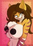  2020 anthro areola black_areola black_nipples breasts fangs felid feline female fur gradient_fur hair hi_res holding_breast looking_at_viewer mammal nipples open_mouth open_smile smile solo striped_body stripes teeth tongue vinfox 