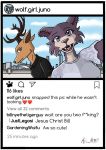  anthro ari_a1357 beastars brown_body brown_fur canid canine canis cervid clothed clothing cloud detailed_background duo english_text fangs female fur juno_(beastars) louis_(beastars) male mammal open_mouth open_smile outside pillarbox sharp_teeth smile teeth text wolf 