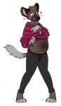  anthro bottomwear clothed clothing clothing_lift hi_res hyaenid male male_pregnancy mammal pants pregnant pupperstar shirt shirt_lift solo standing standing_on_toes topwear 