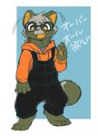  2020 anthro canid canine clothing cute_fangs eyewear fur glasses green_body green_fur hi_res hoodie humanoid_hands japanese_text kemono mammal multicolored_body multicolored_fur overalls raccoon_dog solo tanuki text tooboe_huusuke topwear two_tone_body two_tone_fur 