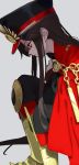  1girl armored_boots bangs black_hair black_headwear black_jacket black_pants boots breasts cape chain family_crest fate/grand_order fate_(series) gloves hat jacket knee_up kodamari koha-ace long_hair long_sleeves looking_down medallion oda_nobunaga_(fate) oda_nobunaga_(fate)_(all) oda_uri pants peaked_cap red_cape red_eyes sidelocks sitting white_gloves 