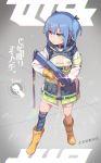  1girl atte7kusa bangs bikini blue_hair blue_legwear blush boots bullpup camouflage fingerless_gloves flat_chest gloves green_bikini green_eyes gun hair_ornament hairclip heterochromia highres holding holding_gun holding_weapon jacket original p90 purple_eyes see-through single_thighhigh solo submachine_gun swimsuit thighhighs twintails weapon yellow_gloves 