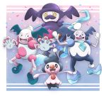  :d absurdres albrt-wlson black_eyes commentary creature english_commentary full_body galarian_and_normal galarian_form galarian_mr._mime gen_1_pokemon gen_4_pokemon gen_8_pokemon happy highres looking_at_viewer mime_jr. mr._mime mr._rime no_humans open_arms open_mouth pokemon pokemon_(creature) purple_background simple_background smile standing yellow_eyes 