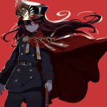  1girl bangs belt black_hair black_headwear black_jacket black_pants breasts buttons cape chain family_crest fate/grand_order fate_(series) gloves grin hat jacket katana kodamari koha-ace long_hair long_sleeves looking_at_viewer medallion oda_nobunaga_(fate) oda_nobunaga_(fate)_(all) oda_uri pants peaked_cap red_background red_cape red_eyes simple_background small_breasts smile sword weapon white_gloves wind wind_lift 
