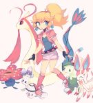  ._. 1girl :d ^_^ blonde_hair breasts breloom charamells closed_eyes closed_mouth commentary english_commentary foongus gen_1_pokemon gen_3_pokemon gen_5_pokemon gen_6_pokemon gen_7_pokemon long_hair mario_(series) milotic morelull open_mouth poke_ball poke_ball_(generic) pokemon ponytail princess_peach shoelaces simple_background small_breasts smile sylveon tied_hair vileplume walking white_background 