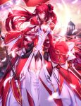  1girl absurdres bangs been blurry blurry_background braid breasts cleavage closed_mouth dress elesis_(elsword) elsword eyebrows_visible_through_hair floating_hair hair_between_eyes hair_over_one_eye highres holding layered_dress long_hair long_sleeves looking_at_viewer medium_breasts outdoors red_eyes red_hair shiny shiny_hair shrug_(clothing) smile solo standing thighhighs tied_hair very_long_hair white_feathers white_legwear wide_sleeves 