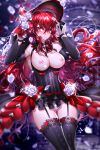  1girl absurdres ass_visible_through_thighs asymmetrical_gloves bangs been black_legwear black_sleeves blurry blurry_background blush breasts cowboy_shot detached_sleeves elesis_(elsword) elsword embarrassed eyebrows_visible_through_hair floating_hair flower garter_straps garters gloves hair_between_eyes hat highres holding holding_flower large_breasts long_hair long_sleeves nipples panties parted_lips red_eyes red_hair red_headwear rose shiny shiny_hair showgirl_skirt solo sparkle standing sun_hat sweatdrop thigh_gap thighhighs underwear very_long_hair white_flower white_panties white_rose 