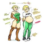  1:1 belly blonde_hair boots breasts clothing dr--worm elf elf-san_wa_yaserarenai. english_text erufuda_(elf-san_wa_yaserarenai.) female food footwear fries green_clothing hair hi_res humanoid not_furry overweight simple_background solo text tracksuit white_background wide_hips 