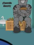  3:4 anthro ask_bottom_armor bulge clothed clothing dialogue drinking equid equine eyes_closed jewelry lefthighkick male mammal muscular muscular_male my_little_pony sitting solo topless zebra 