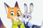  2016 anthro canid canine clothed clothing dipstick_ears disney duo fox fur green_eyes grey_body grey_fur hi_res judy_hopps lagomorph leporid mammal mochigolo618 multicolored_ears necktie nick_wilde orange_body orange_fur purple_eyes rabbit red_fox selfie shirt simple_background smile topwear white_background zootopia 