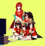  1boy 4girls bangs barefoot black_hair black_headwear blush breasts buster_shirt chibi closed_mouth collarbone controller crossed_legs famicom famicom_gamepad family_crest fate/grand_order fate_(series) game_console game_controller grey_shorts hair_between_eyes hair_over_one_eye hat indian_style kneeling kodamari koha-ace large_breasts long_hair medium_breasts multiple_girls multiple_persona navel nintendo oda_kippoushi_(fate) oda_nobunaga_(fate) oda_nobunaga_(fate)_(all) oda_nobunaga_(maou_avenger)_(fate) oda_nobunaga_(swimsuit_berserker)_(fate) oda_uri open_mouth peaked_cap playing_games pointing ponytail red_eyes red_hair red_shirt shirt short_sleeves shorts sidelocks simple_background sitting smile t-shirt television tied_shirt yellow_background 
