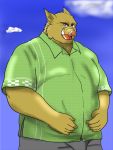  2010 3:4 anthro bottomwear brown_body brown_fur clothing fur humanoid_hands kemono male mammal outside overweight overweight_male pants shirt solo suid suina sus_(pig) topwear wild_boar yanaka 