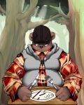  2011 4:5 anthro clothing cute_fangs detailed_background food hat headgear headwear hi_res hoodie humanoid_hands kemono male mammal outside overweight overweight_male pocky shirt solo topwear tor@ ursid 