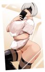  1girl absurdres arms_under_breasts ass bakkanki black_blindfold blindfold breasts from_side highres large_breasts nier_(series) nier_automata no_pants phone reflection self_shot shirt short_hair short_sleeves thick_thighs thighs white_hair white_shirt yorha_no._2_type_b 