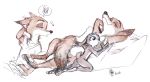  anthro butt canid canine casual_nudity cellphone clothed clothing disney duo fox fur holding_cellphone holding_object holding_phone judy_hopps lagomorph leporid mammal nick_wilde phone rabbit reclining red_fox shirt smile t-shirt topwear zootopia 