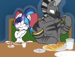  4:3 anthro ask_bottom_armor beverage blush bow duo eating equid equine food friendship_is_magic hi_res horn jewelry larger_male lefthighkick magic male mammal muscular muscular_male my_little_pony shining_armor_(mlp) sitting size_difference unicorn zebra 