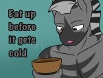  4:3 anthro ask_bottom_armor bowl dialogue equid equine hi_res lefthighkick male mammal muscular muscular_male my_little_pony open_mouth solo soup steam zebra 