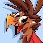  1:1 2020 anthro avian beak bird brown_body brown_feathers cheek_tuft clothed clothing digital_media_(artwork) facial_tuft feathers freckles looking_at_viewer male open_mouth orange_eyes piemations pretzel_(piemations) pseudo_hair shirt simple_background smile solo tongue toony topwear tuft 